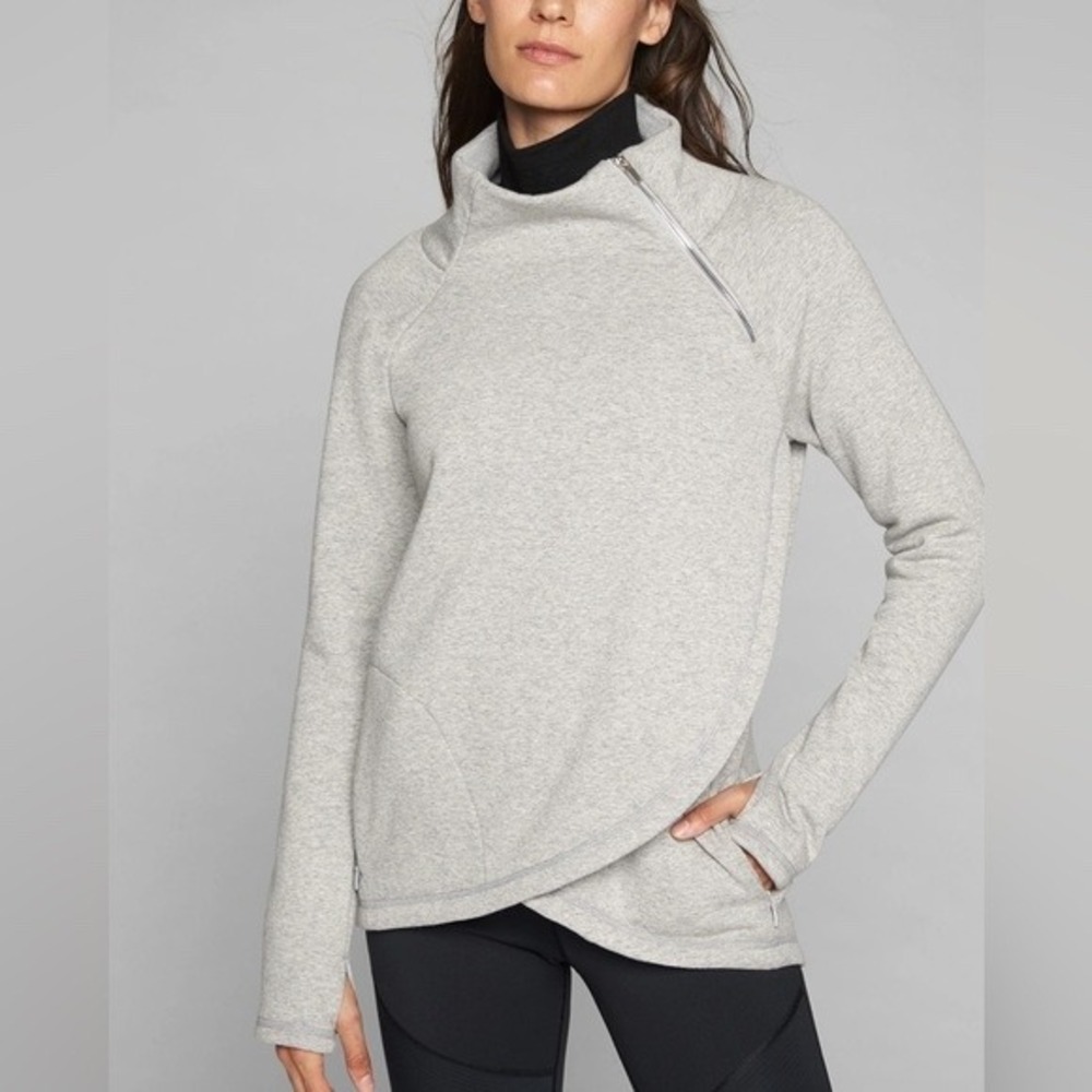 Athleta Cozy Karma Asym Sweatshirt Light Grey Heathered Pullover‎ Zip Neck S P